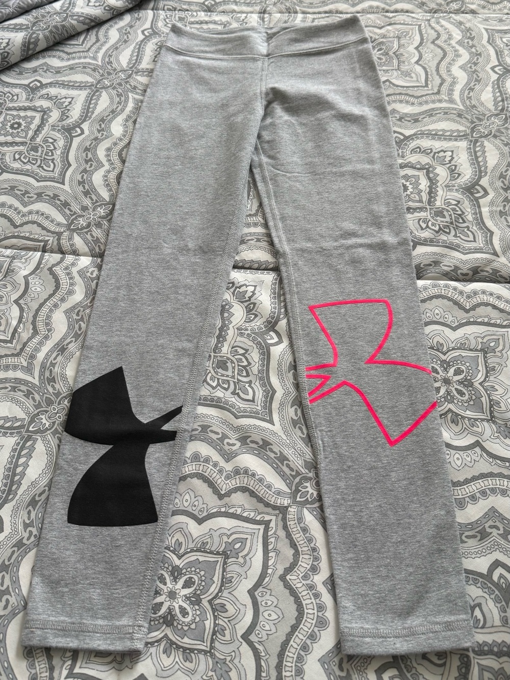 Under Armour Girls' Heather Gray Leggings with Pink & Black Logos